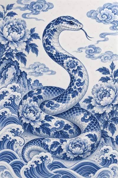 Snake — Chinese zodiac illustration in blue & white porcelain style