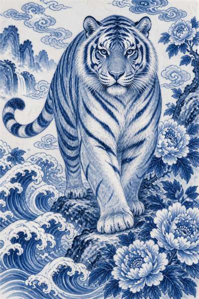 Tiger — Chinese zodiac illustration in blue & white porcelain style