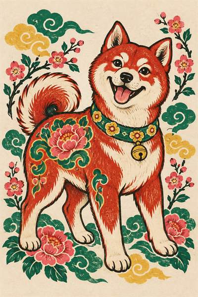 Dog — Chinese zodiac illustration in new year woodblock style