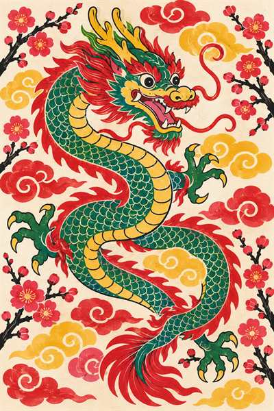 Dragon — Chinese zodiac illustration in new year woodblock style