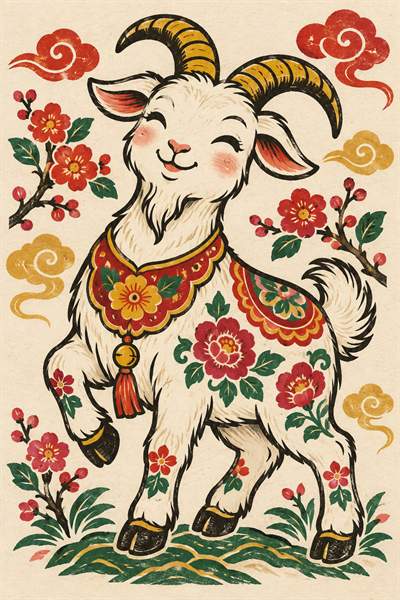 Goat — Chinese zodiac illustration in new year woodblock style