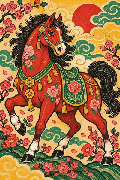 Horse — Chinese zodiac illustration in new year woodblock style