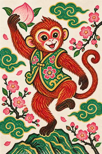 Monkey — Chinese zodiac illustration in new year woodblock style