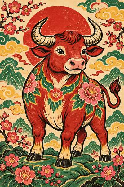 Ox — Chinese zodiac illustration in new year woodblock style