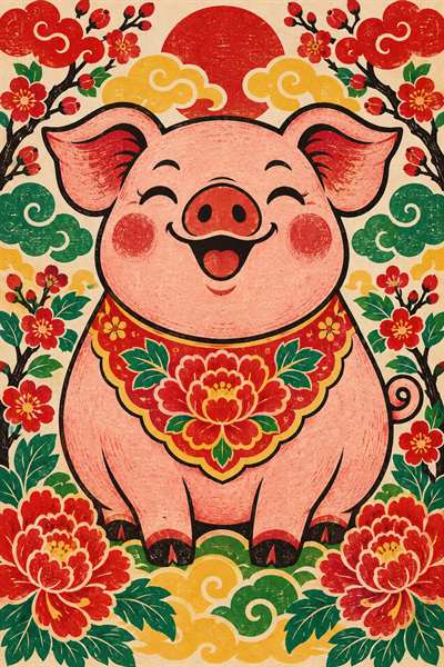 Pig — Chinese zodiac illustration in new year woodblock style