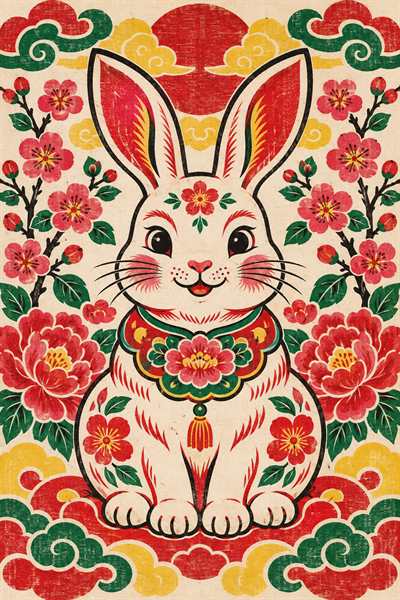 Rabbit — Chinese zodiac illustration in new year woodblock style