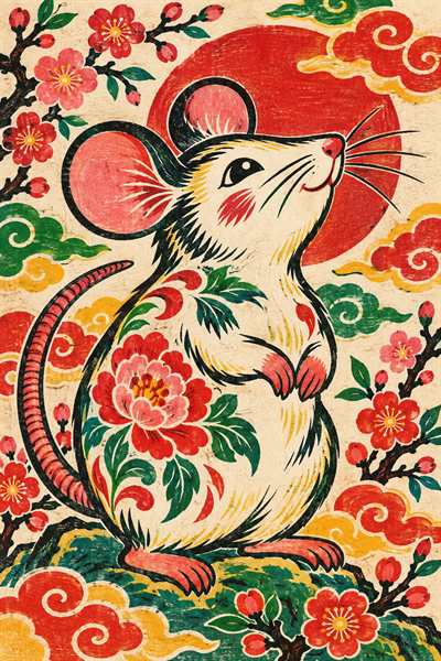 Rat — Chinese zodiac illustration in new year woodblock style