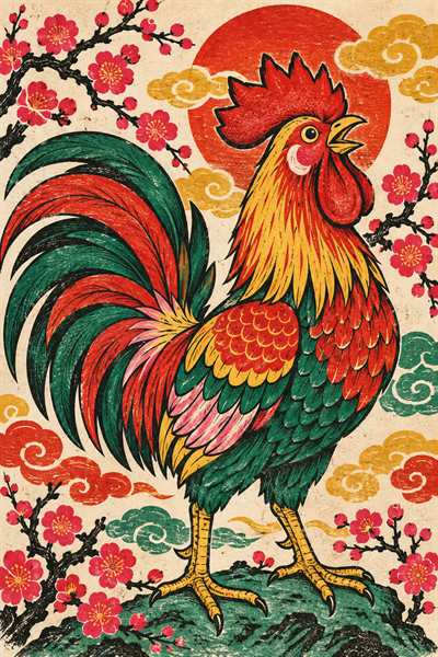 Rooster — Chinese zodiac illustration in new year woodblock style