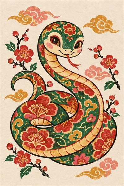 Snake — Chinese zodiac illustration in new year woodblock style