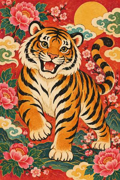 Tiger — Chinese zodiac illustration in new year woodblock style